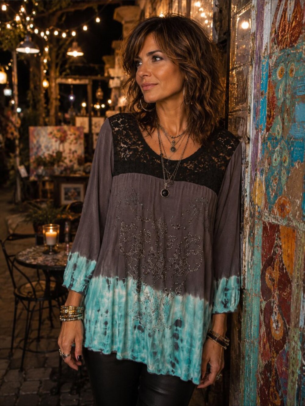 Women's Lace Yoke Dip-Dye Top in Brown and Teal